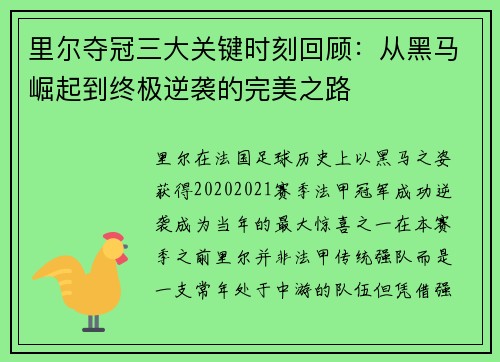 里尔夺冠三大关键时刻回顾：从黑马崛起到终极逆袭的完美之路