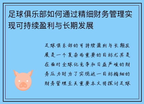 足球俱乐部如何通过精细财务管理实现可持续盈利与长期发展