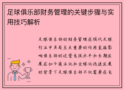 足球俱乐部财务管理的关键步骤与实用技巧解析 足球俱乐部财务管理的关键步骤与实用技巧解析