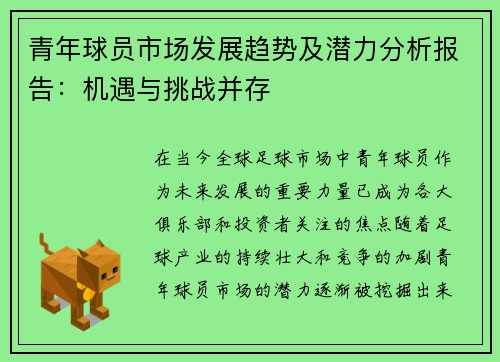 青年球员市场发展趋势及潜力分析报告:机遇与挑战并存 青年球员市场发展趋势及潜力分析报告:机遇与挑战并存