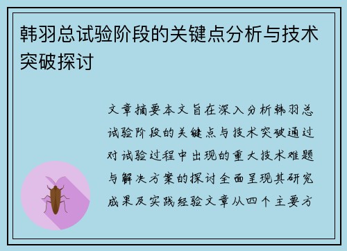 韩羽总试验阶段的关键点分析与技术突破探讨 韩羽总试验阶段的关键点分析与技术突破探讨